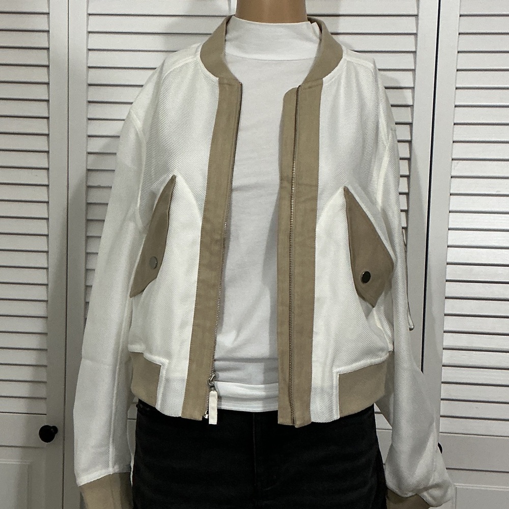 BCBGMaxAzria White Bomber Jacket with Tan Trim